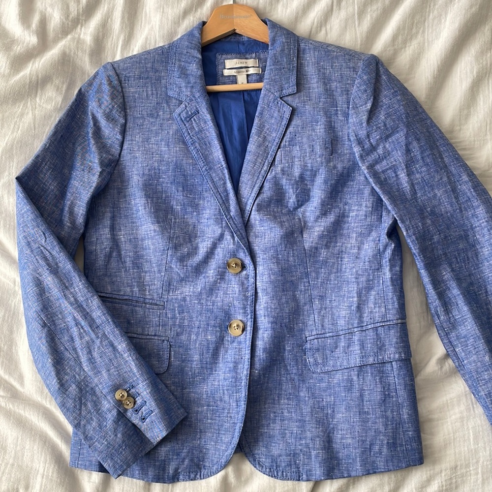 JCrew Schoolboy Blazer, bright blue linen with pockets